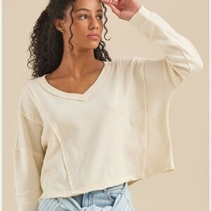 Altar'd State Off-White Textured V-Neck Sweater Oversized Cropped Size XS